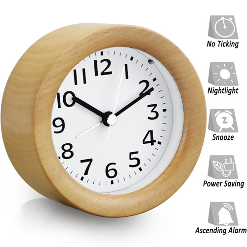 KOEPUO Wooden Alarm Clocks Bedside Non Ticking Battery Powered Bedroom Silent Clock Analogue Simple Alarm Clock Wood Round Analog Desk Clocks with Snooze Night Light for Heavy Sleepers Office Table